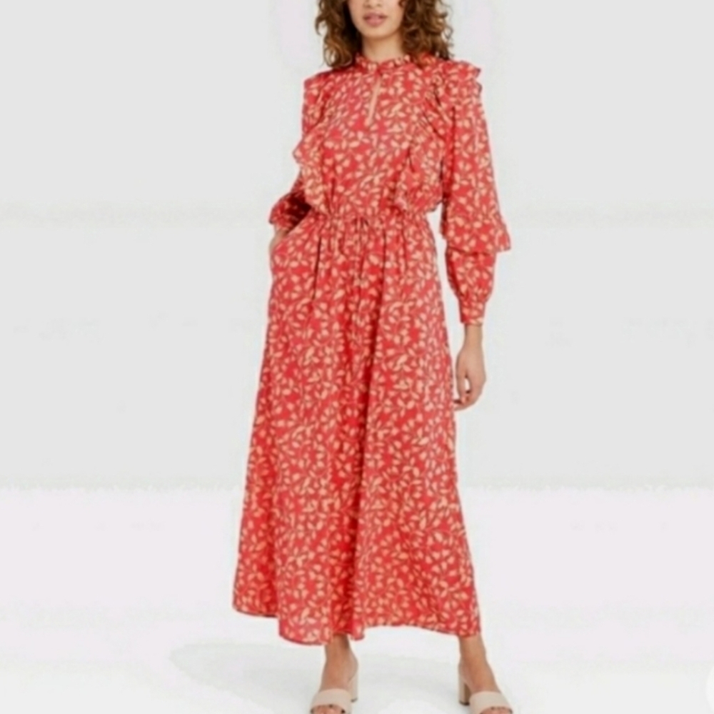 Who What Wear Red Floral Prairie Dress Size Large